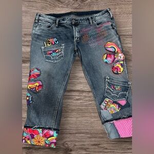 Colorful Embellished Women's Jeans upcycled waist 38”